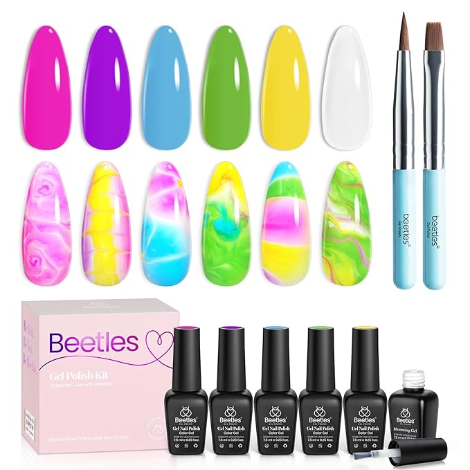 Beetles Gel Nail Polish with Blooming Gel, 5 Colors Neon Pink Green Blue Purple Yellow Nail Polish Clear Blooming Polish for Spreading Effect2 Nail Art Brushes UV/Led Gift Set for Women