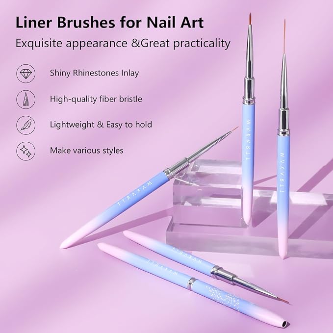 Makartt Nail Art Brushes Set: 5pcs Liner Brushes 7/9/11/15/25mm Thin Nail Art Design Brush with Cap Nail Polish Brush for Builder Gel 3D Nail Gel French Tip Tool Nail Painting