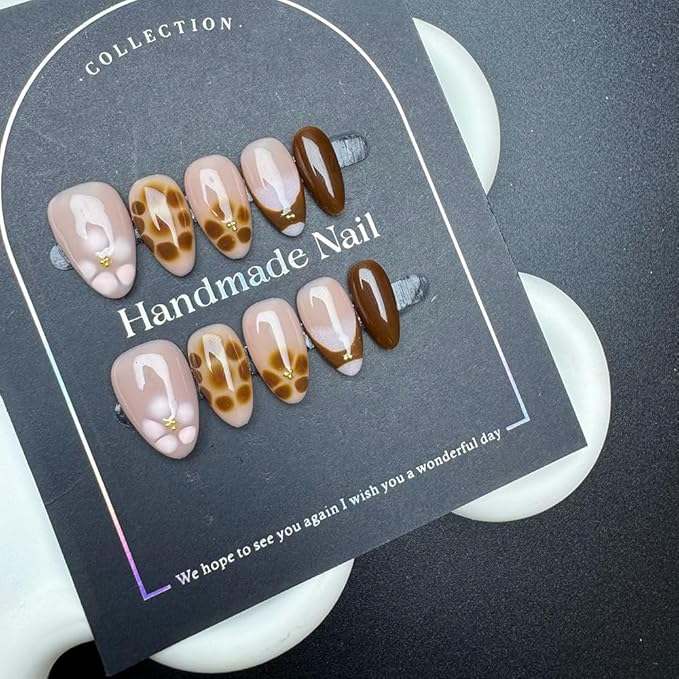 100% Handmade Press on Nails Medium Almond Handmade Nails with Rhinestone Flower Design Brown False Nails Glossy Leopard Print Nail Press ons Reusable Fall Winter Fake Nails for Women Size L 10Pcs