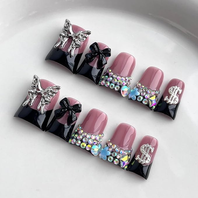 French Tip Press on Nails Handmade Short Duck 3D Flower Thick Acrylic Nails Black False Nails with Bow Rhinestones Butterfly Designs Cool Glossy Fake Nail Sturdy Art Press on Nail 10Pcs(S)
