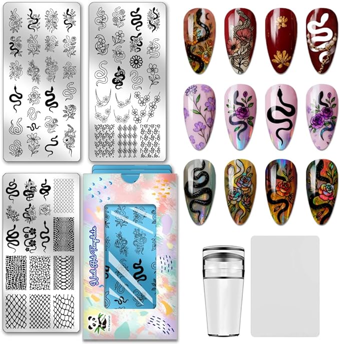 PH PandaHall 3pcs Snake Flower Nail Stamping Plate, Dark Romantic Style Nail Art Templates Mysterious Stainless Steel Image Plate Art Stencils with Tools for Women DIY Print Manicures Salon Design