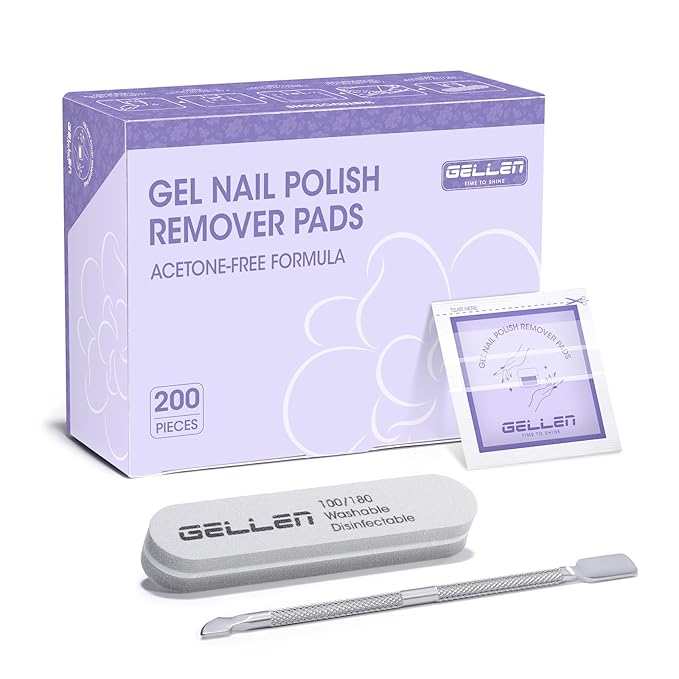 Gellen Nail Polish Remover Pads, 100% Non-Acetone, 200 Pack Bulk Individually Wrapped, 3-5s Removal for Regular Nail Polishes, 10 mins for Gel Nail Polish, Lavender Oil No Drying Out for Home Salon