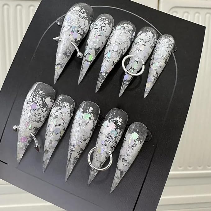 White with Nails Stiletto Press on Nails Extra Long with Glue Glossy False Nails with Hand-Painted Designs Handmade Eagle Dragon Cat Claw Unique Reusable Fake Nails