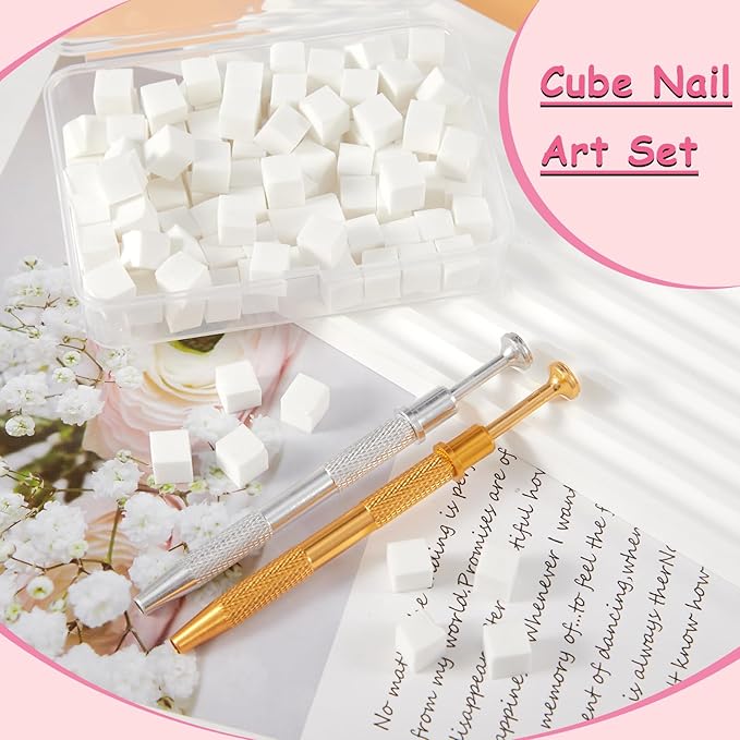 100pcs White Cube Nail Sponges for Ombre, 2pcs Gold and Silver Metal Clip Pens for Grabbing Nail Art Sponge Ombre Nail Brush for Nail Art