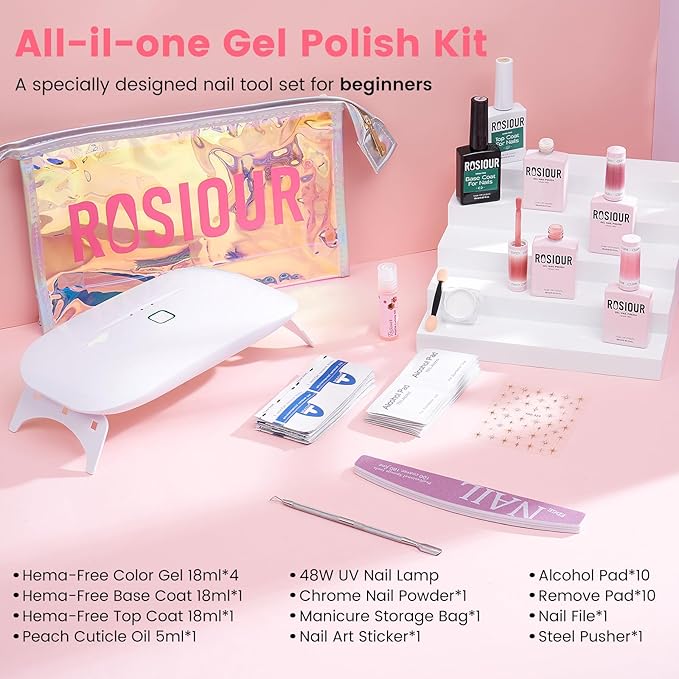 TPO and HEMA Free Gel Nail Polish Kit with U V Light - Gliter Milky White Nude Pink at Home Gel Manicure Kit with Base & Top Coat Chrome Nail Powder - 4 Colors Nail Art Starter Gift for Women Girl