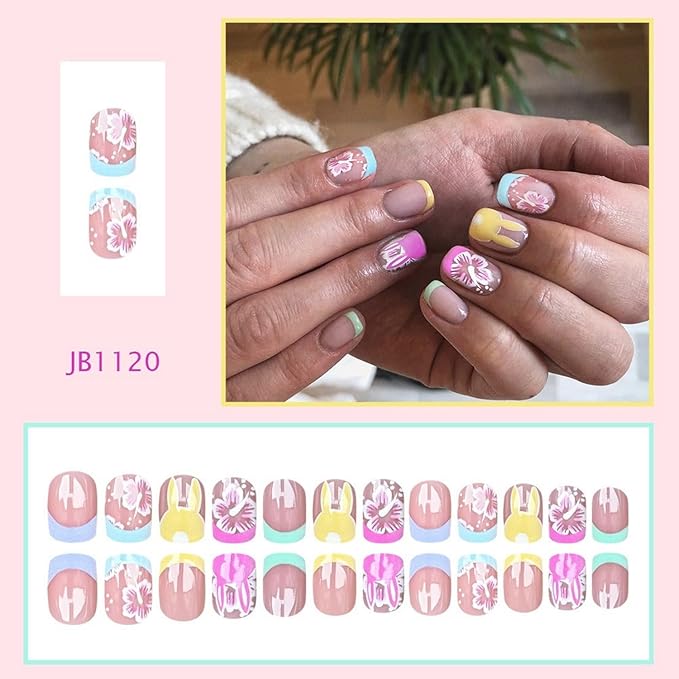 Easter Press on Nails Colorful French Tip Fake Nails with Designs Cute Yellow Bunny False Nail Glossy Full Cover Short Square Stick on Nails Easter Acrylic Nail for Women DIY Manicuare 24 Pcs