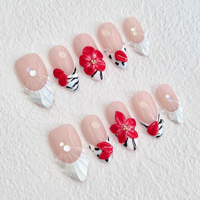 Luxury Press on Nails Medium Almond Handmade 3D Unique Reusable ABS Material Fake Nails White French Tip False Nails with Designs Water Drop Red Flower Glossy Glue on Nail Thick Acrylic Nail(S)