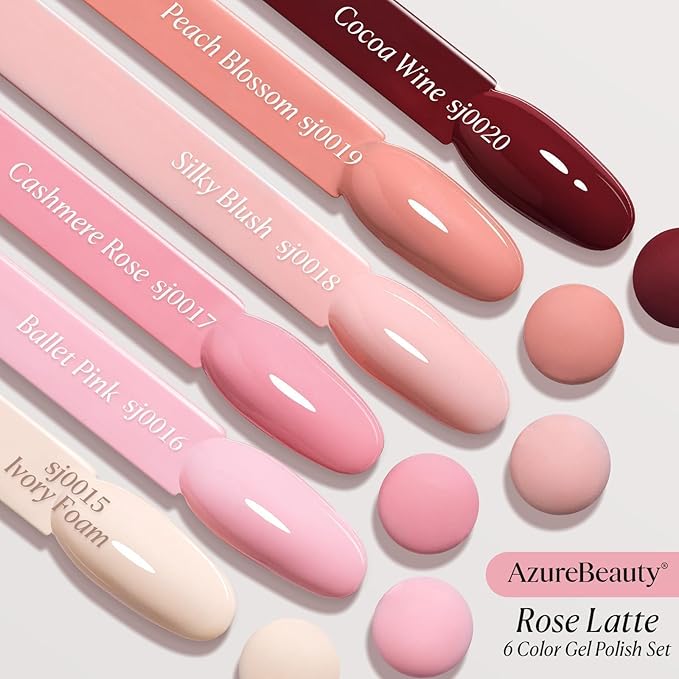 AZUREBEAUTY 6 Colors 15ml HEMA Free Gel Nail Polish Set, Same Color Bottles, Soak Off UV LED Gel Polish Kit Nail Art for DIY at Home Manicure Salon Gifts, Nude Pink Beige Burgundy Red