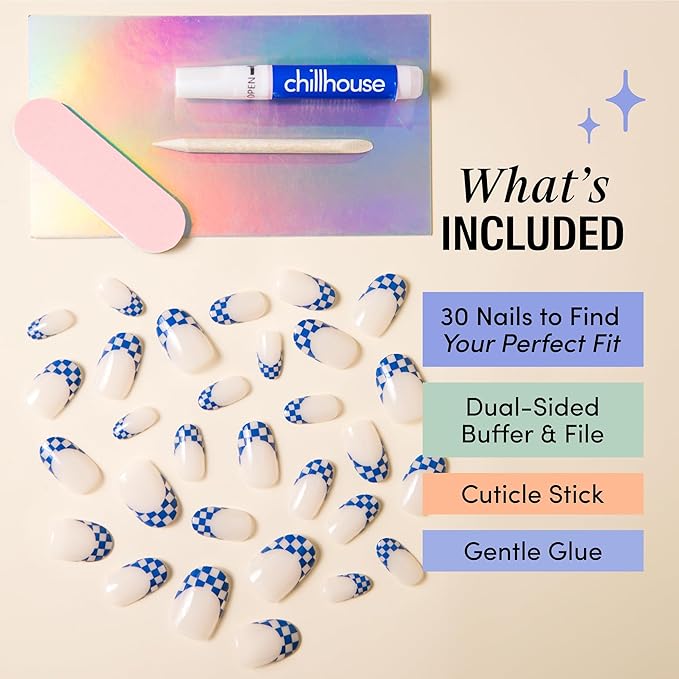 Chillhouse - Chill Tips, Press on Nails Kit - Checked Out 2.0 (Oval) - 24 Nail Shapes & Sizes - Up to 2 Weeks of Wear - Customizable Fit - Reusable - Latina Founded & Women Owned - Beauty & Self Care
