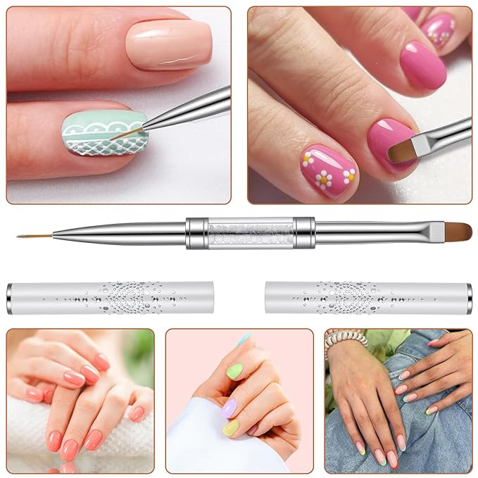 Sibba 3 PCS Double Ended Nail Art Brushes Set French Manicure Art Brushes Nails Design Detailing Painting Drawing Liner Brush Pen & Stainless Steel Cuticle Pusher Cleaner Nail Builder Polish Gel Brush