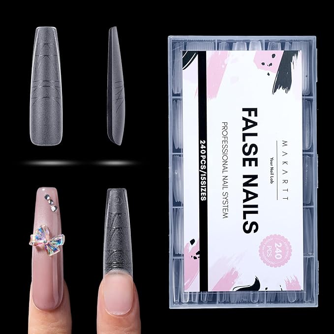 Makartt Extra Long Coffin Nail Tips with Length and Shape Guides, 240PCS 15 Sizes XXL Ballerina Full Cover Clear Matte False Nails with Alignment Scales for Press on Extensions DIY Manicure