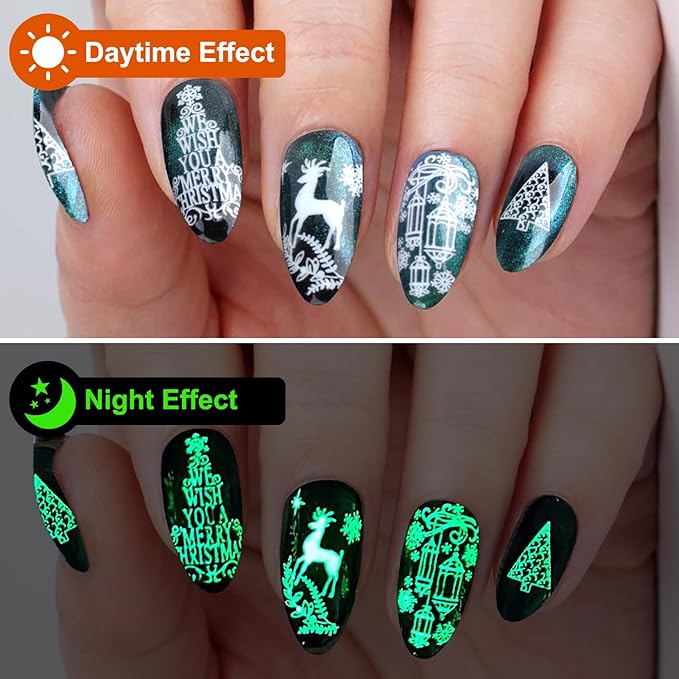Glow in The Dark Snowflake Nail Stickers, Christmas 3D Self-Adhesive Nail Art Decals - White Snowman Santa Elk Design for DIY Manicure Winter Xmas DIY Nail Decorations stz (6 Sheets)