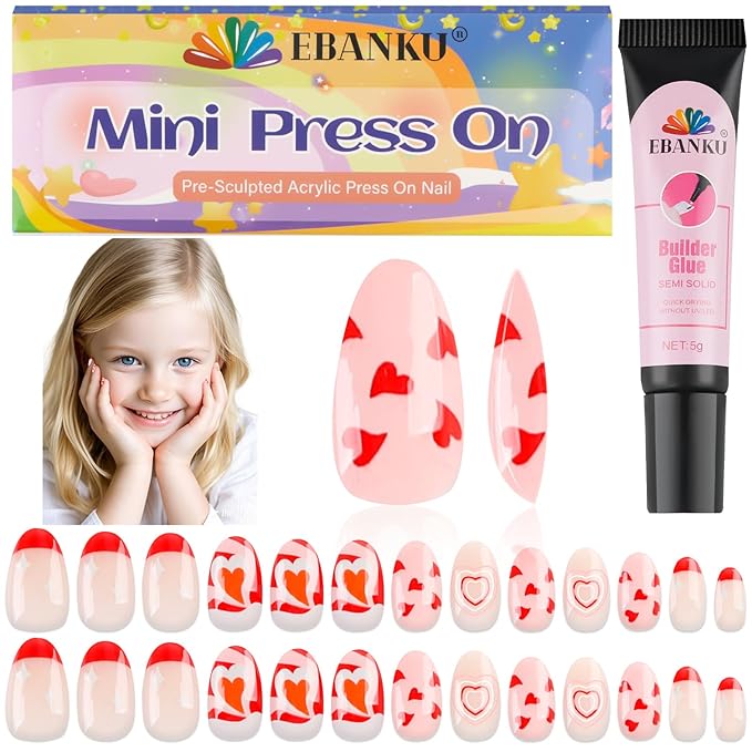 EBANKU 1 Pack Kid Fake Nail Kit, 26 Pieces Press on Nails for Kids Red Heart Press on Nail Short Artificial False Nail Kits for Girls