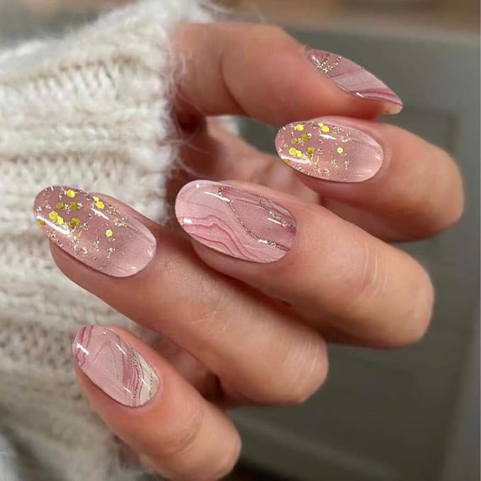 Pink Semi Cured Gel Nail Strips 20Pcs Gold Glitter UV Gel Nail Stickers with Design Glossy Marble Nails Polish Strips UV/LED Light Needed Self Adhesive Full Polish Nails Wraps for Women