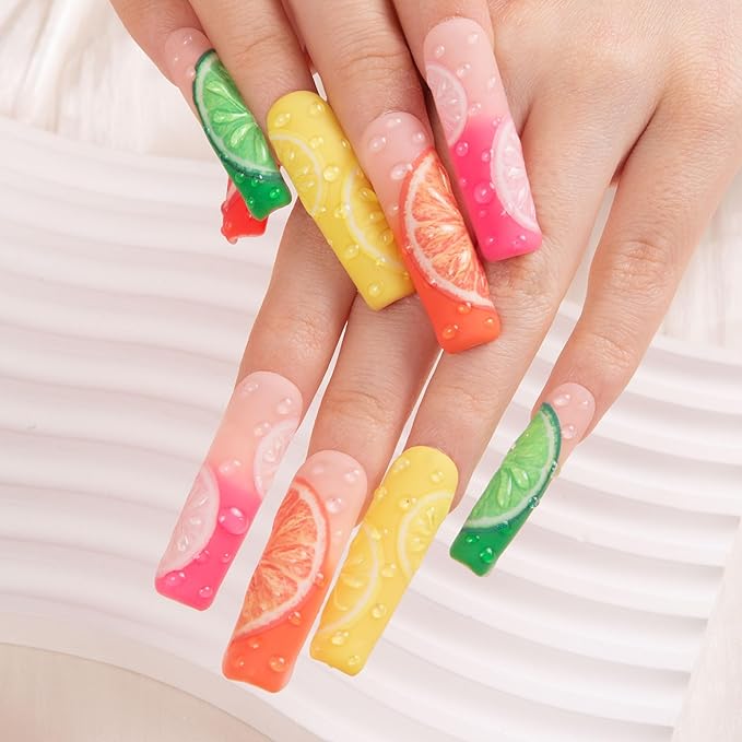 LOVFUL Press on Nails Lemonade| Handmade with Full Covered Crystals| Reusable Fake Nails| Square Mid length 1.7in| H185-S