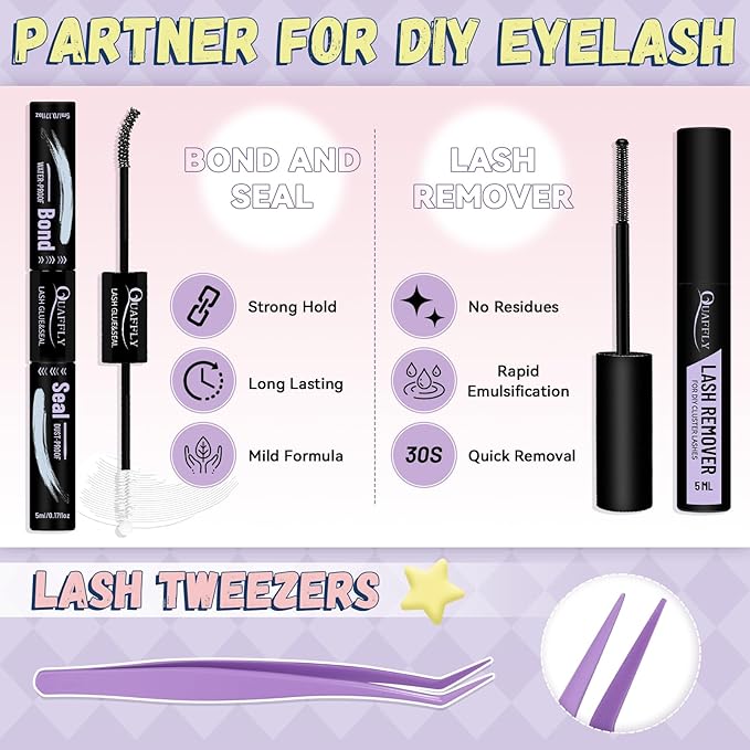 DIY Lash Extension Kit 840Pcs 10-18mm D Curl Lashes Clusters with Lash Bond&Seal Lash Remover Tweezers Double-Ended Brush Easy to Use for Beginners