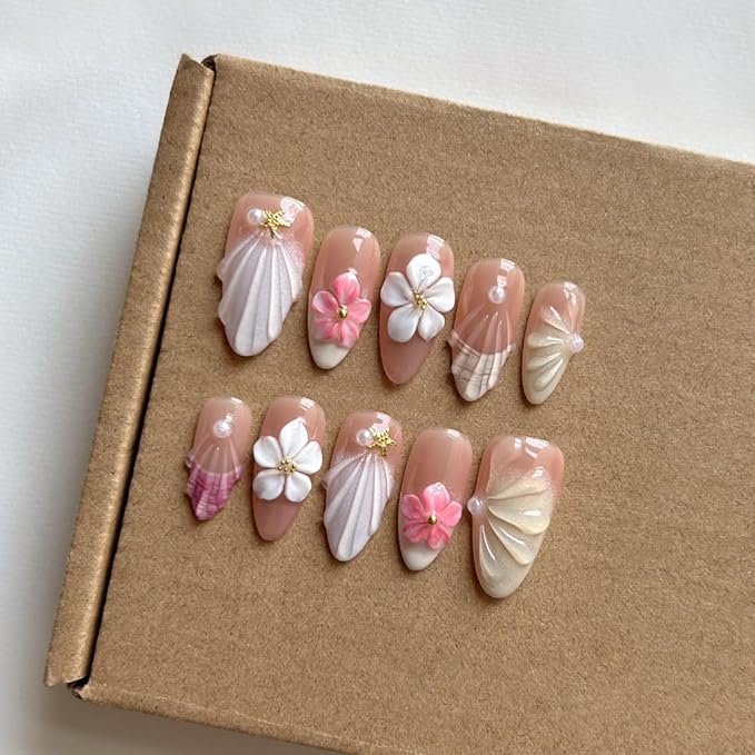 Press On Nails Medium Length Almond Shape False Nails, Handmade Acrylic Gel Fake Nails with Art Designs, Reusable 10 Pcs 3D Nails for Women DIY Manicure Kit (Size L)