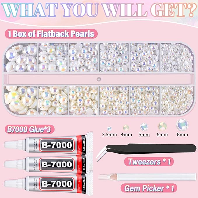 Flatback Pearls for Crafting with 3Pcs 10ml B7000 Jewelry Glue, 1 Box of Half Round Beige AB and White AB Pearls, Bedazzling Beads for DIY Crafts Clothing Tumblers Shoes Embellishment Nail Art