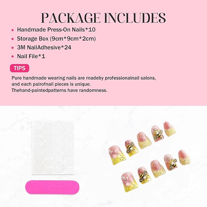 Handmade Press on Nails Duck - Medium Fake Nails Orange Color French Tip False Nails Press ons with 3D Flower and Charms Design Luxury Full Cover Acrylic Stick on Nail for Women 10Pcs(Size M)
