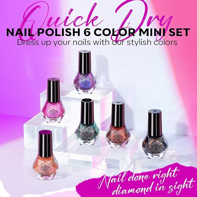 modelones Christmas Nail Polish Set 6 Colors, Red Green Glitter Purple Orange Quick Dry Mini Nail Lacquer Kit Winter Holographic Sparkle Holiday Manicure Nail Art Gift for Women Girls