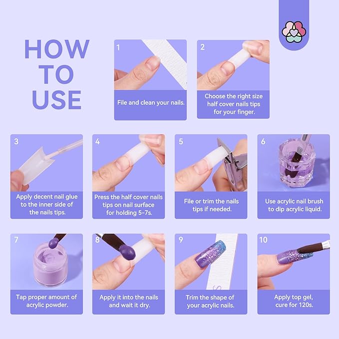 SAVILAND Acrylic Nail Tips with Acrylic Nail Brush: 10 Sizes Half Cover French Nails Tips Manicure Brush Size 8/10/14 for Acrylic Powder Nail Kit with Box Art At Home DIY