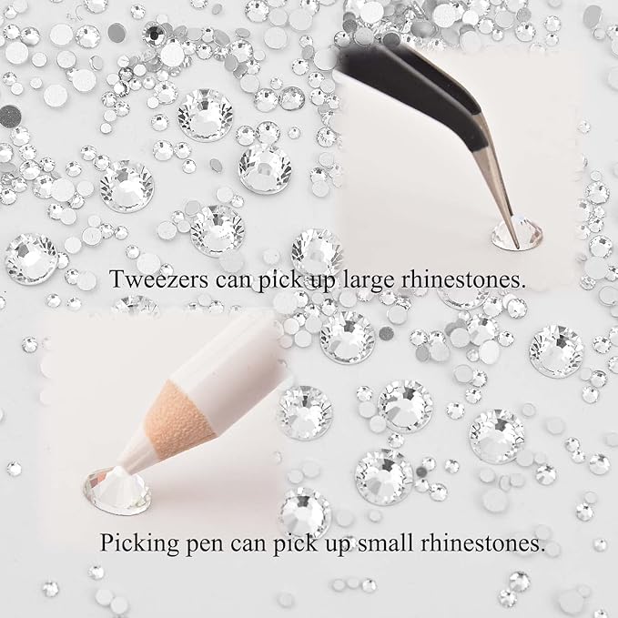 NCB 8000pcs Non Hotfix Rhinestones 10 Sizes Flatback Crystal Glass Rhinestones with Tweezers and Picking Pen for Nail Art Clothes Bags Phone Decorations Crafts DIY (001 Crystal Mix SS3-SS30)