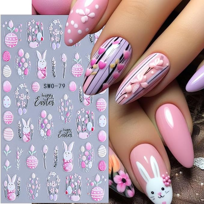 4 Sheets Easter Nail Stickers Cute Rabbit Nail Decals Spring Embossed Flower Nail Art Stickers Self-Adhesive Easter Egg Bunny Nail Design Decals for Women Holiday Nail Decorations Supplies