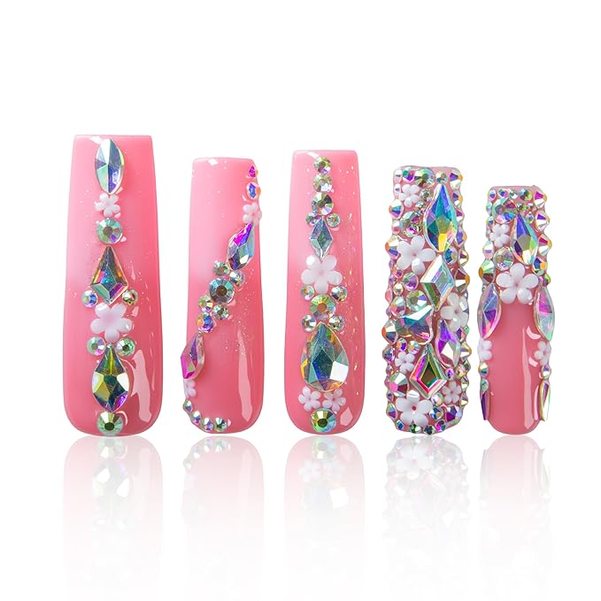 LOVFUL Press on Nails Pink Crystal Dream| Handmade Acrylic Press ons| Reusable Fake False Nails| Square Mid length 1.7in| H708-M