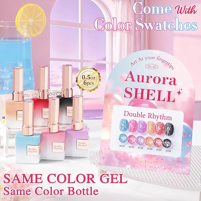 Double Rhythm 0.5 Oz Glitter Gel Polish Set of 6 Color with Display Borad 15 ml Full Size Kit Shimmer Reflective Sparkle Soak Off Manicure Salon DIY at Home (Black Red Pink Blue Orange Purple-T6-55)