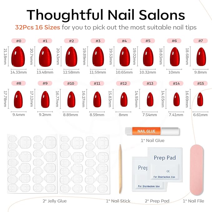 Modelones Red Cat Eye Press on Nails Almond, Spring Short Fake Nails, Reusable Nail Kit with Nail Glue Adhesive Tabs Mini Nail File, Nails Press Ons 32Pcs 16 Sizes, Women Girl Gift