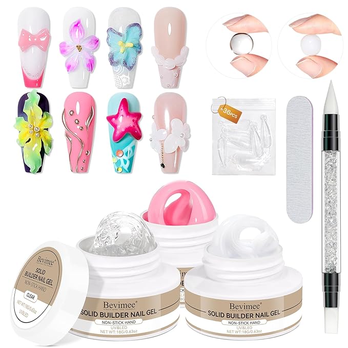 3D Nail Art Solid Builder Gel for Nails 3PCS, Clear White Pink 3D Sculpting Hard Gel Non-Stick Hand, for Modeling, Sculpture, Nail Extension UV/Led Manicure DIY at Home 18g*3Colors