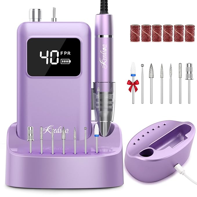 Kredioo Professional Nail Drill Brushless 40,000RPM Rechargeable 2-in-1 Portable Electric Nail File Ultra Silent Salon Must Haves Nail Tool Kit Removing Acylic Gels-Purple