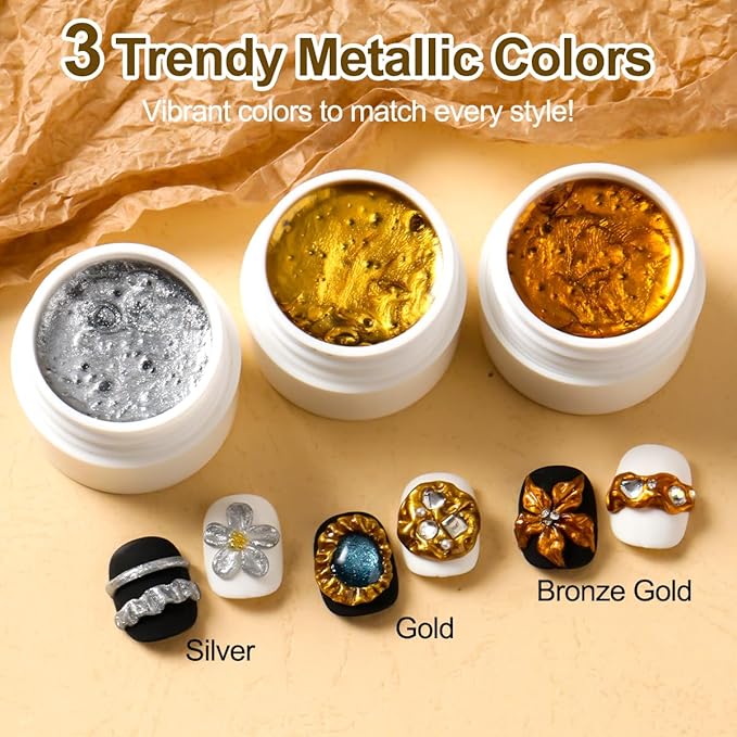3D Gel Nail Art Kit-Gold Silver Metallic Solid Builder Gel Non-Sticky Hand Sculpting Gels with Silicone Pen for Nail Design Flower Carving Modeling Design