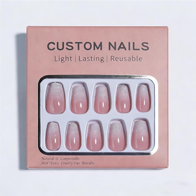 Hkanlre Medium Coffin Press on Nails Bling Fake Pink Nails Tips Full Cover False Nails for Women and Girls 24PCS