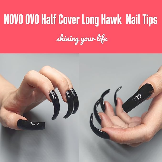 NOVO OVO Halloween 500 pcs Hawk Curved Trasnparent Extra Super Extreme Deep Curve Half Cover Long Square Tapered Eagle Claw False Nail Extension Tips Acrylic Nail 10 Sizes Bag Packaging Art Salon DIY
