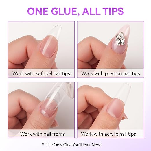 Gelike EC 6 in 1 Nail Glue Gel: 2 Pcs Gel Nail Polish for Press on Nails - Nail Glue Strong Easy and Long Last for False Acrylic Tip - Base Coat for Salon Home Polish