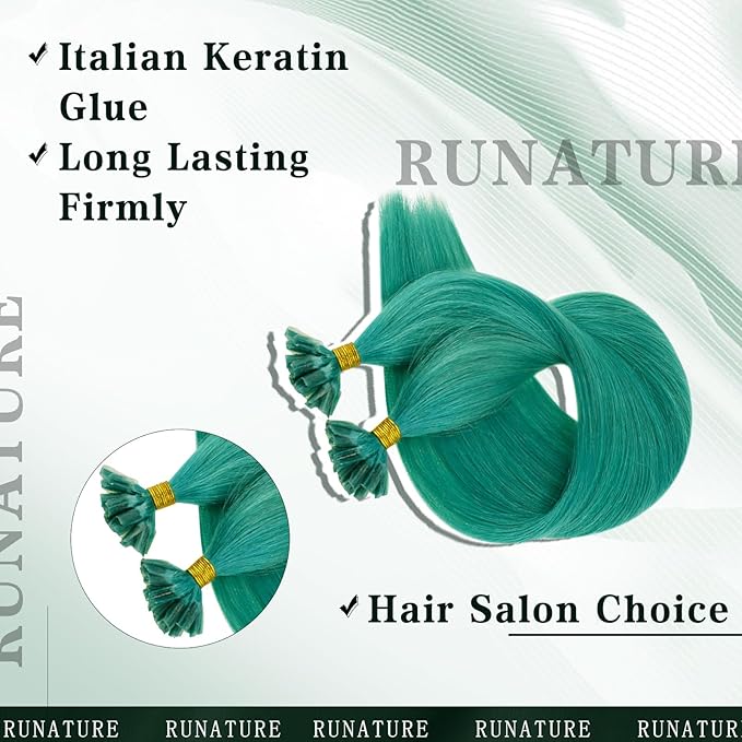 RUNATURE U Tip Hair Extensions Human Hair 16 Inch Teal Hair Extensions Colorful Highlight Party Utip Extensions Silky Straight Hot Fusion Real Remy Hair Long Lasting 20g 25s
