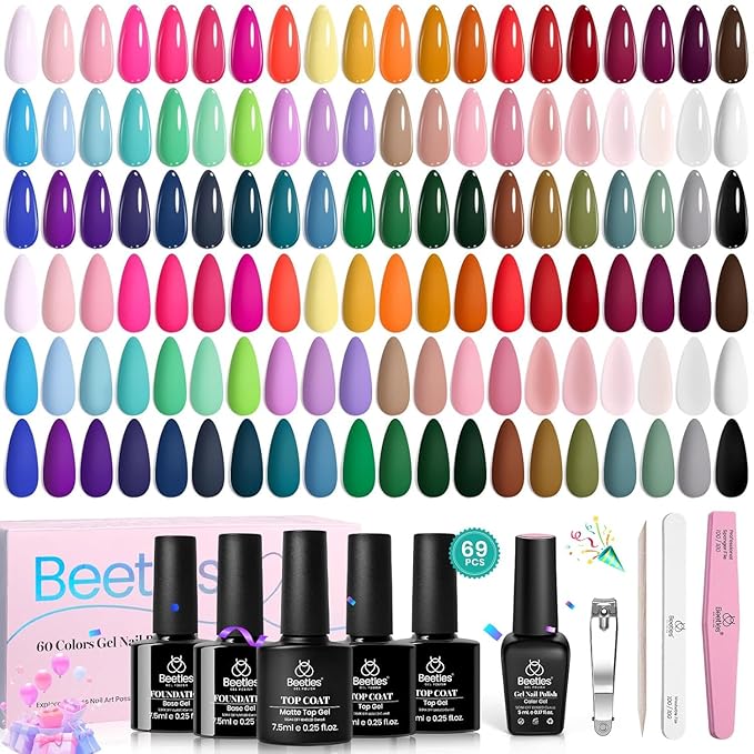 Beetles Gel Nail Polish Set - Emotional Spectrum 69PCS 60 Colors Gel Polish Kit Base Coat Glossy & Matte Top Coat UV Led Soak off Collection Brown Red Black Nude White Valentines Gifts for Women