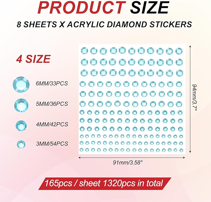 PATIKIL 1320 Pcs Acrylic Gem Sticker, 4 Size 3/4/5/6mm Self Adhesive Rhinestones Face Gem Stones Bling Jewelry for Nail Art Craft Clothes DIY Makeup Decoration Party, Sky Blue