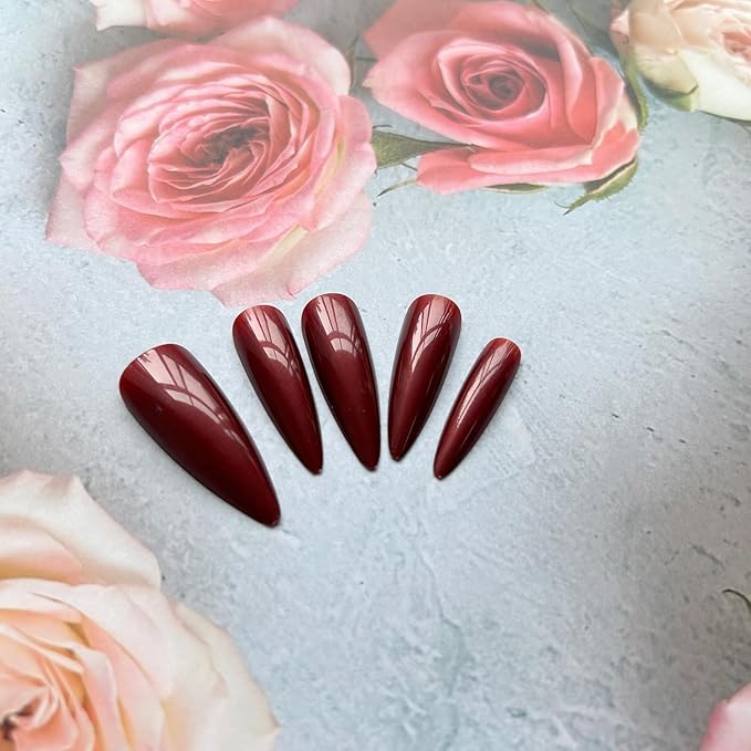 Stiletto Press on Nails Long Halloween Fake Nails Bloody False Nail Dark Red Acrylic Nails Cosplay Manicure Full Cover Stick on Nail Jelly Press on Nails for Women Girls 24Pcs