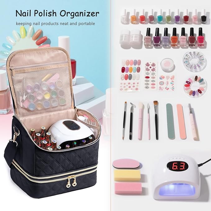 2-in-1 Nail Polish Organizer Case – Holds 48 Bottles, Nail Supplies & Manicure Tools – Portable Nail Tech Storage Bag with Removable Slots, Travel Nail Kit Carrying Case