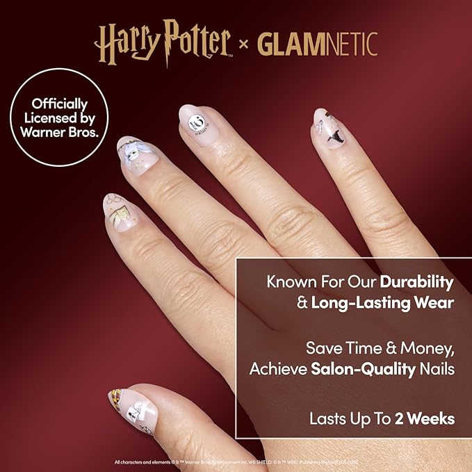 Harry Potter™ x Glamnetic Press On Nails - Hogwarts™ | Semi-Transparent Multi Graphic Short Oval Nails in a Glossy Finish | 15 Sizes - 30 Nail Kit with Glue