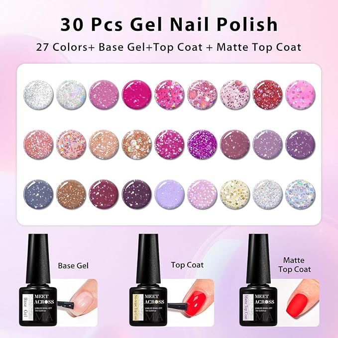 MEET ACROSS 27PCS Gel Nail Polish Set,27 Colors Gel Nail Kit Art Design Soak Off UV LED,Nail Art Design Gifts for Women