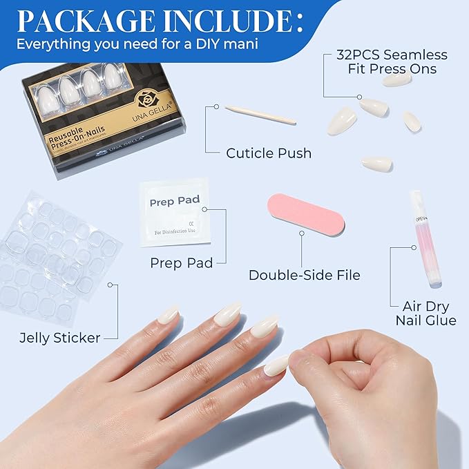 UNA GELLA White Press On Nails: Short Almond Soft Gel Press Ons Short Kit with Nail Glue on Nails, 16 Sizes - 32 Reusable Fake Nails Kit, Sheer Nude