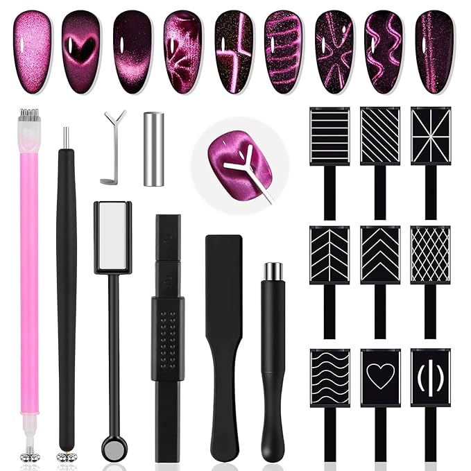 EBANKU Cat Eye Magnetic for Nails, 17PCS Cat Eye Gel Nail Polish Magnet Tools Powerful Set Wand Magnet for Nail Polish Square Round Y Shaped Heart Magnet Stick Diverse Glassy Cateye Effect