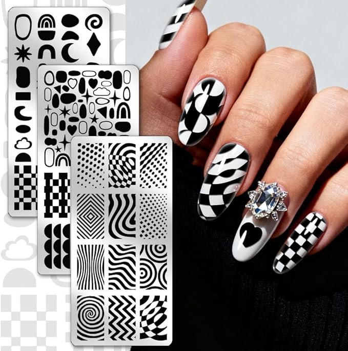 PH PandaHall 3pcs Geometric Texture Nail Stamping Plates Wave Line Nail Art Templates Checkered Dots Manicure Art Stencils Heart Star Nails Design Stamp for Women Manicures Salon DIY Printing