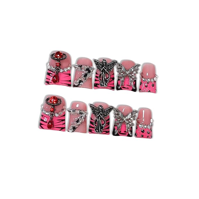 10pcs Edgy French Press on Nails with Tools Kit, Short Duckbill Glossy Pink Leopard French Tips, Cross & Butterfly 3D Carvings, Icy Dark Style, Reusable & Easy Apply for Parties (Size L)