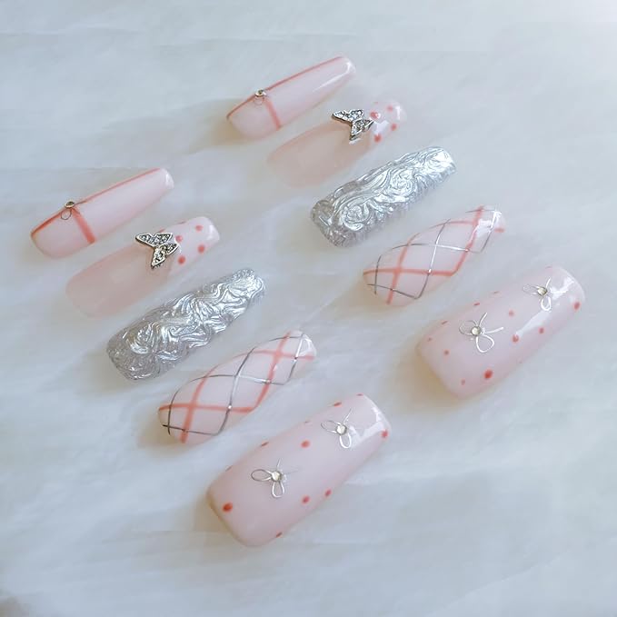 Press-on Nails, Long Ballerina Style, Pink with 3D Silver Butterfly and Bow Design, Handmade False Nail 10 Pieces (Large,LB)