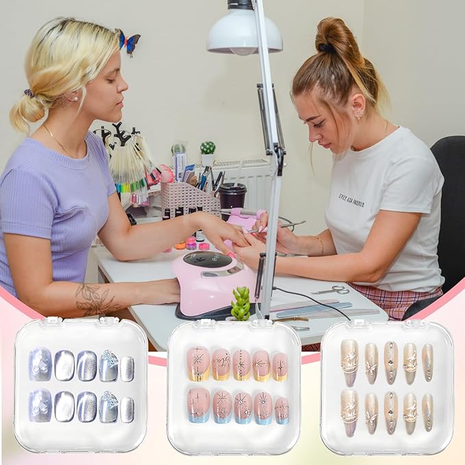 4 PCS 2.95" Nail Art Display Box, Press On Nail Storage Box Acrylic Nails Display Boxes Clear Empty Plastic Nails Tips Storage Boxes with 30 Pcs Adhesive Double Sided Tape for Art Salon (White)