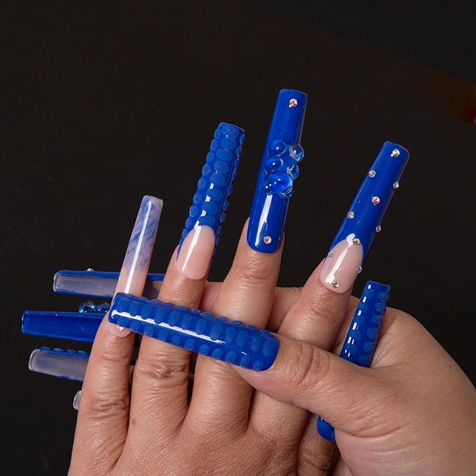 LOVFUL Press on Nails Little Blue Bear | Handmade with Full Covered Crystals | Reusable Fake Nails | Square | H132-L, pink